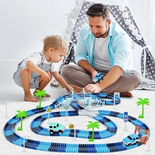 Track Car Toys – 269 PCS Frozen Racing Tracks Playset with 2 Cool Race Cars, Flexible Race Road, Birthday Gifts for Kids Age 3–6