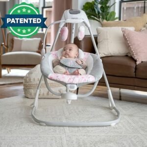 Ultimate Ingenuity SimpleComfort Lightweight Compact 6-Speed Multi-Direction Baby Swing, Vibrations & Nature Sounds, 0-9 Months 6-20 lbs (Pink Cassidy)