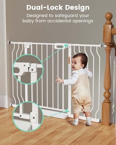 Mom's Choice-GROWNSY Baby Gate for Stairs, 29.5"-48.4" Pressure Mounted Baby Gate for Top of Stair&Doorway with V-Shaped Rods, Anti-Trip Pedal, Extra Wide Stairs Dog Gate Easy Install w/Red Reminder