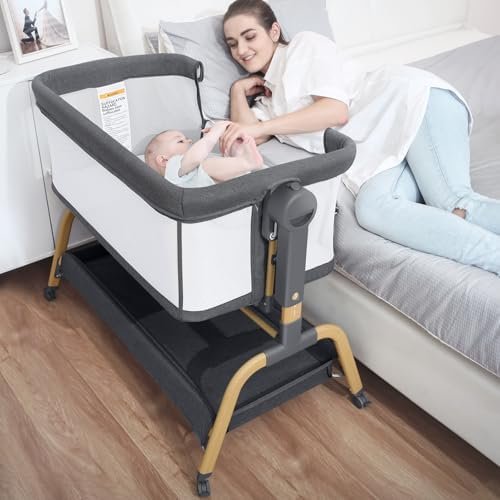Premium 3 in 1 Baby Bassinet – Bedside Bassinet for Baby, Rocking Bassinet with Comfy Mattress & Wheels, 6-Height Adjustable Easy-Folding Portable Bedside Crib for Newborns