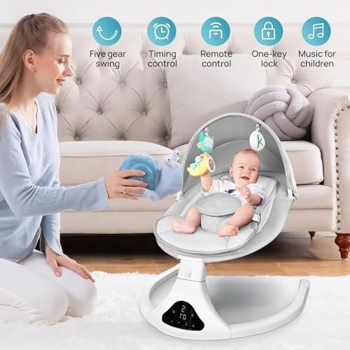🌟 Best Electric Baby Swing for Infants to Toddler | Portable Infant Swing with Remote Control, 5-Speed Rocker & Harness (Light Grey)