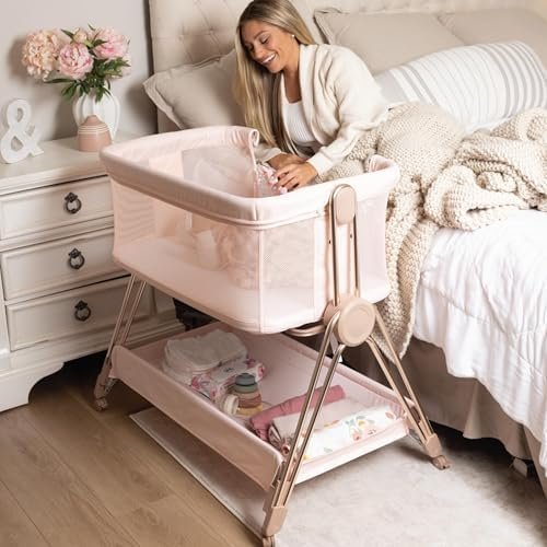 Baby Bedside Sleeper - Bassinet & Bedside Crib with Height Adjustment & Wheels - Can Be Placed Next to Bed - Attaches to Parents Bed - Easy to Fold & Carry Bassinet for Girls (Pink) | 4-in-1 Design