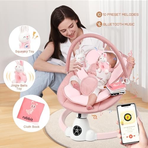 Secure Baby Swing for Infants, Portable Electric Baby Swings with Bluetooth, 5 Swing Speed, 10 Lullabies, 5-Point Harness, Remote Control & Touch Panel – Infant Swing for Indoor & Outdoor Use, Pink