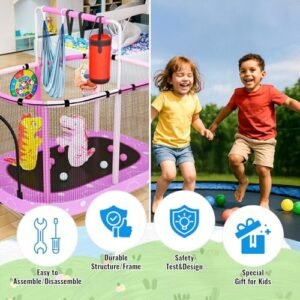 Round Trampoline for Kids by LAMERGE, 55" 7-in-1 Indoor & Outdoor with Safety Net & Adjustable Handrail