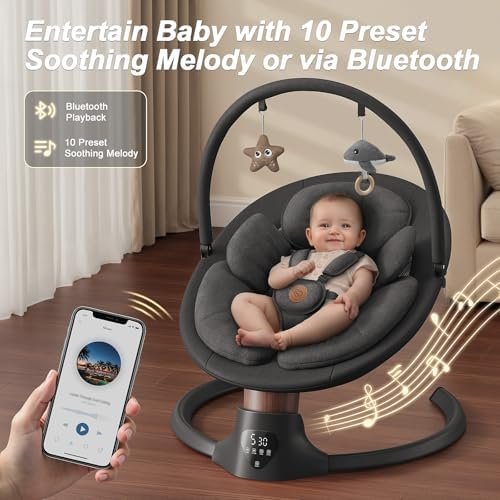 Baby Swings for Infants, FasonBaby Electric Baby Swing with Music Speaker, 5 Speeds, Remote Control and Bluetooth - Portable Infant Swing for Indoor and Outdoor (Black)