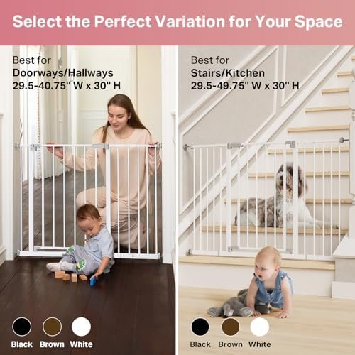InnoTruth 29.5–40.75" Baby Gate for Stairs, 30" Tall Dog Gates for Doorways & Hallways, Safety Gate for Kids & Pets, Pressure-Mounted Walk-Through with Dual Lock & 2-Way Swing, White