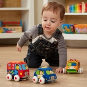 Melissa & Doug K's Kids Pull-Back Town Vehicle Set - Baby Toys Set with 4 Soft Toy Cars and Trucks, Surface Washable with Removable Wheels, Learning Toys for Babies and Toddlers
