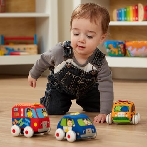 Melissa & Doug K's Kids Pull-Back Town Vehicle Set - Baby Toys Set with 4 Soft Toy Cars and Trucks, Surface Washable with Removable Wheels, Learning Toys for Babies and Toddlers