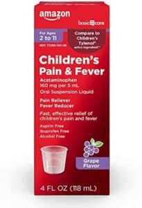 Amazon Basic Care Children's Acetaminophen 160 mg per 5 mL Oral Suspension, Grape Flavor, Pain Reliever and Fever Reducer for Headache, Sore Throat and Toothache, 4 fl oz (Pack of 1)