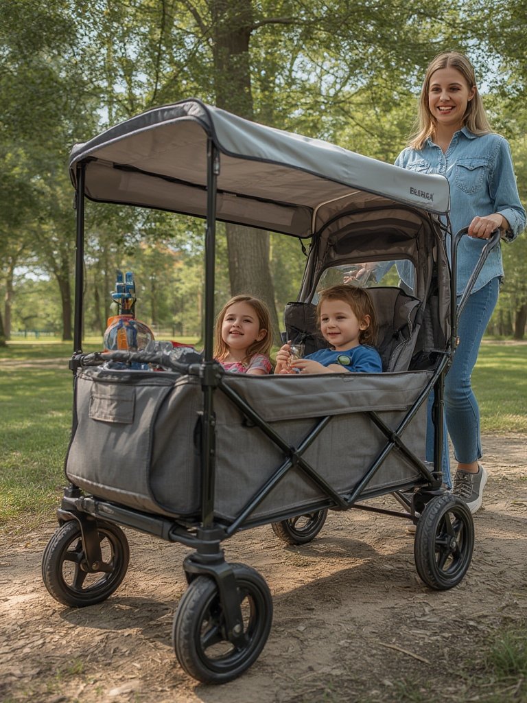 all terrain stroller wagon with adjustable handlebar and canopy in use