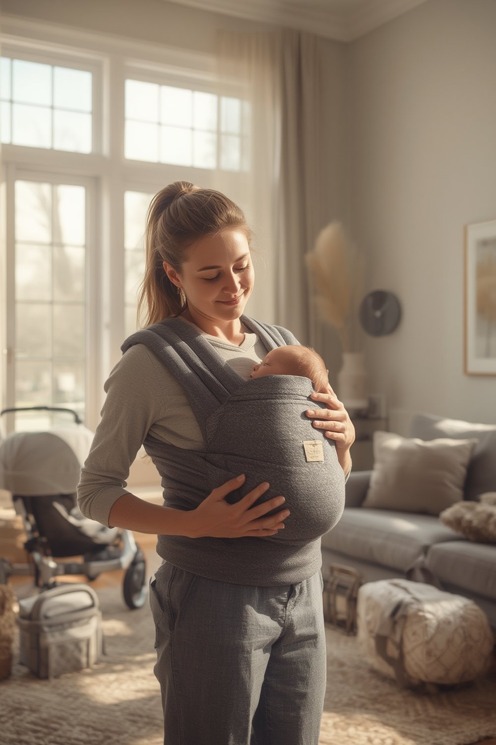 baby carrier in use with infant, parent hands-free