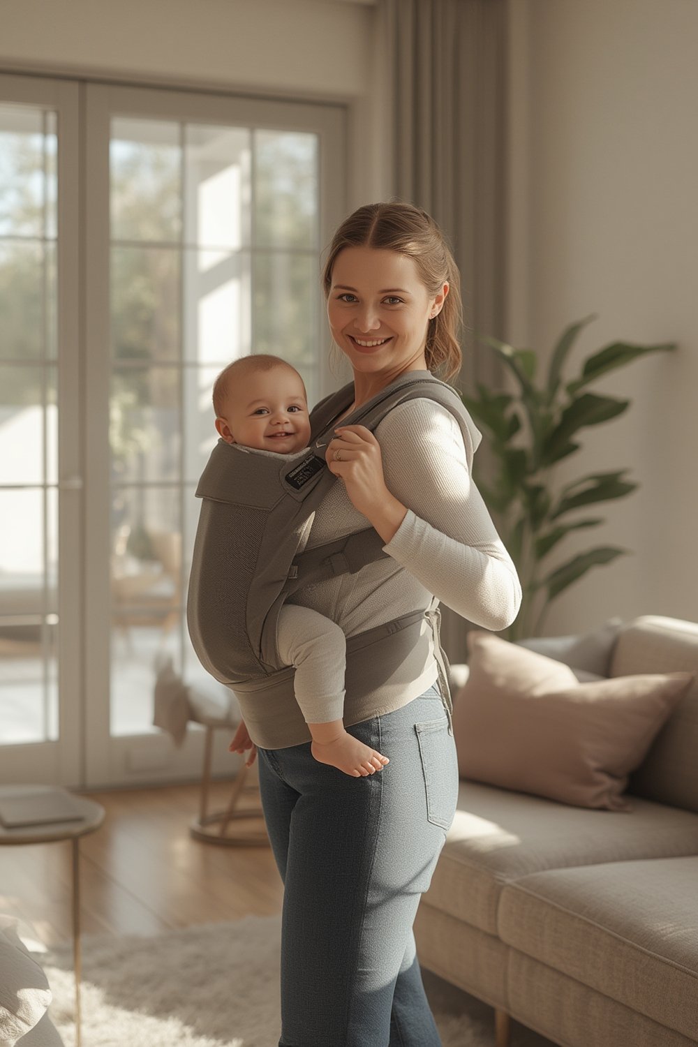 baby carrier in use with lumbar support for parents and all position adaptability