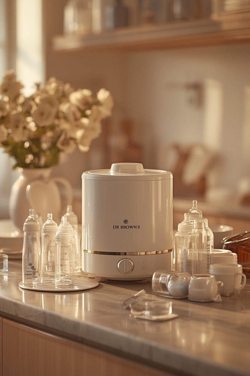 bottle sterilizer with baby bottles and accessories neatly arranged inside, ready for steam sterilization