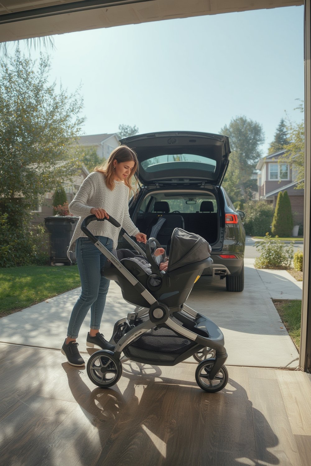 car seat carrier Baby Trend Snap N Go EX in trunk with compact fold