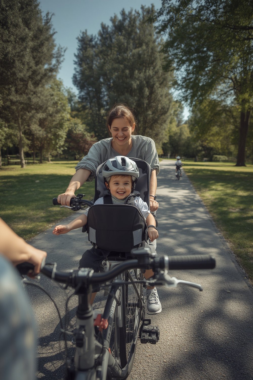 child carrier on adult bicycle with toddler wearing safety harness