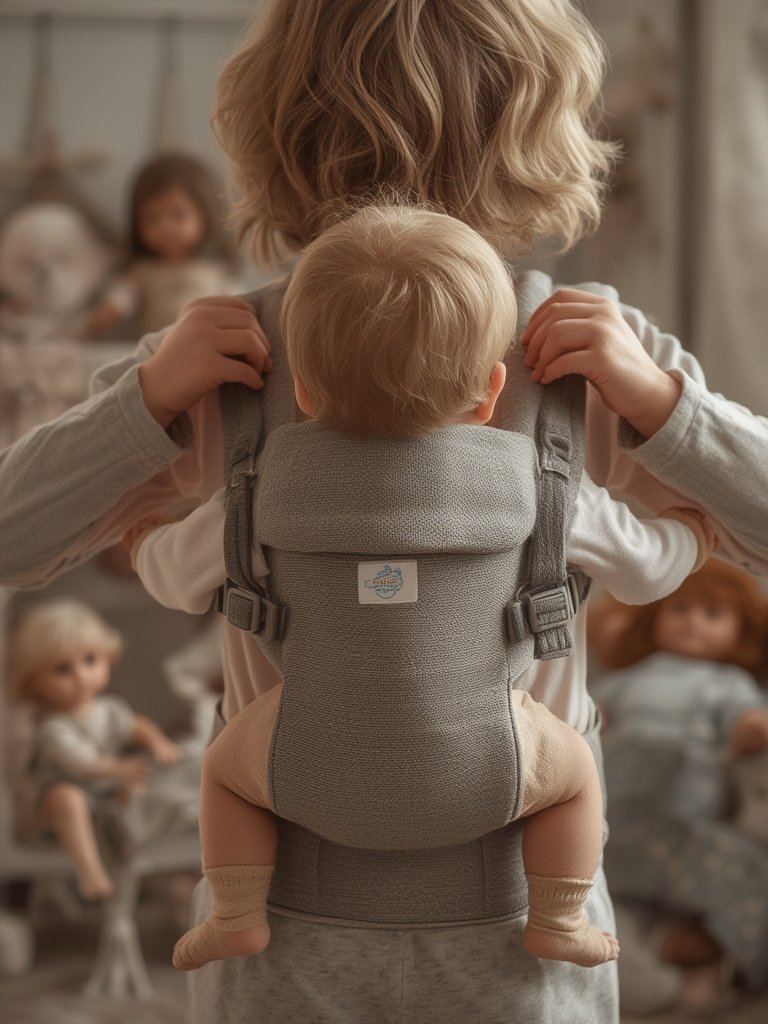 child carrier Ergobaby Galaxy Grey in pretend play with teddy bear