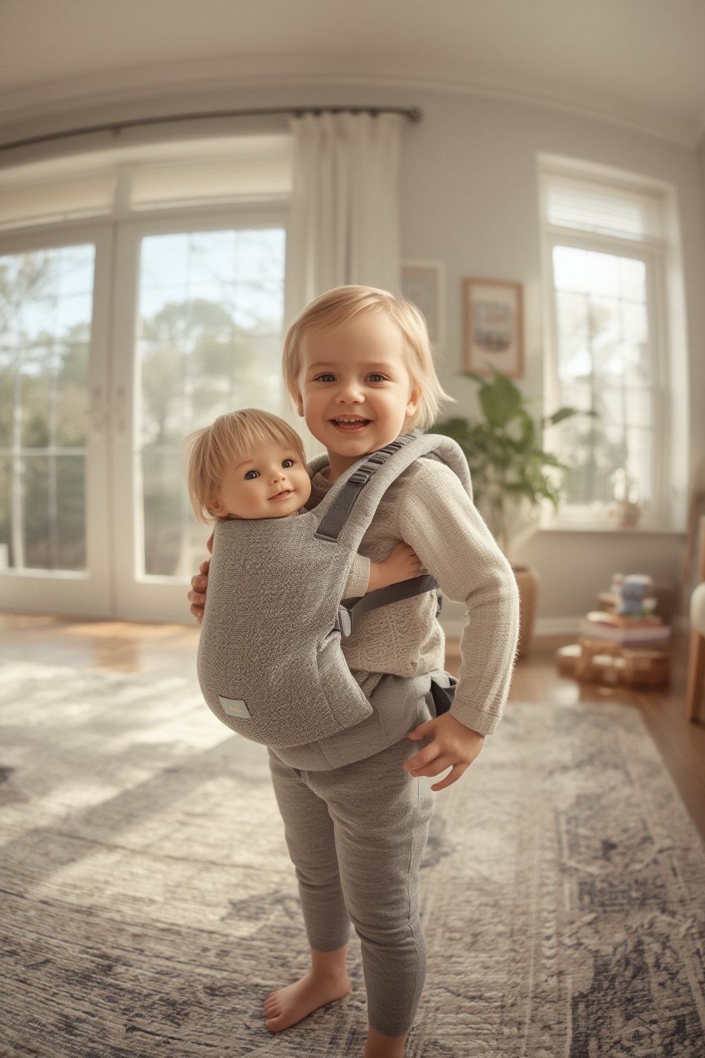 doll carrier Ergobaby Galaxy Grey child using front or back