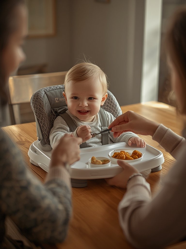 feeding booster with baby harness and self-storing tray on display