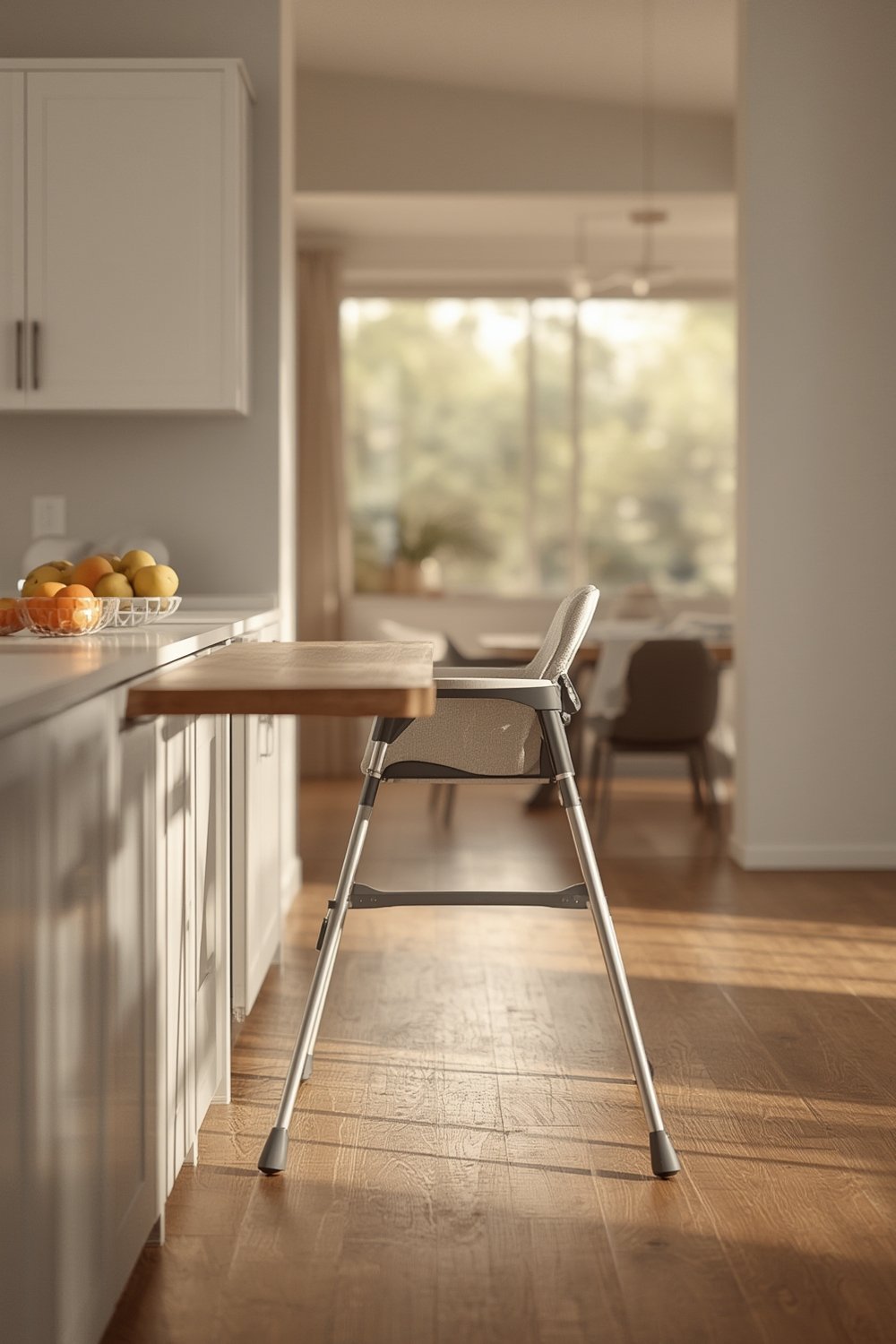 Graco Slim Snacker high chair in kitchen setting, ultra slim baby feeding chair