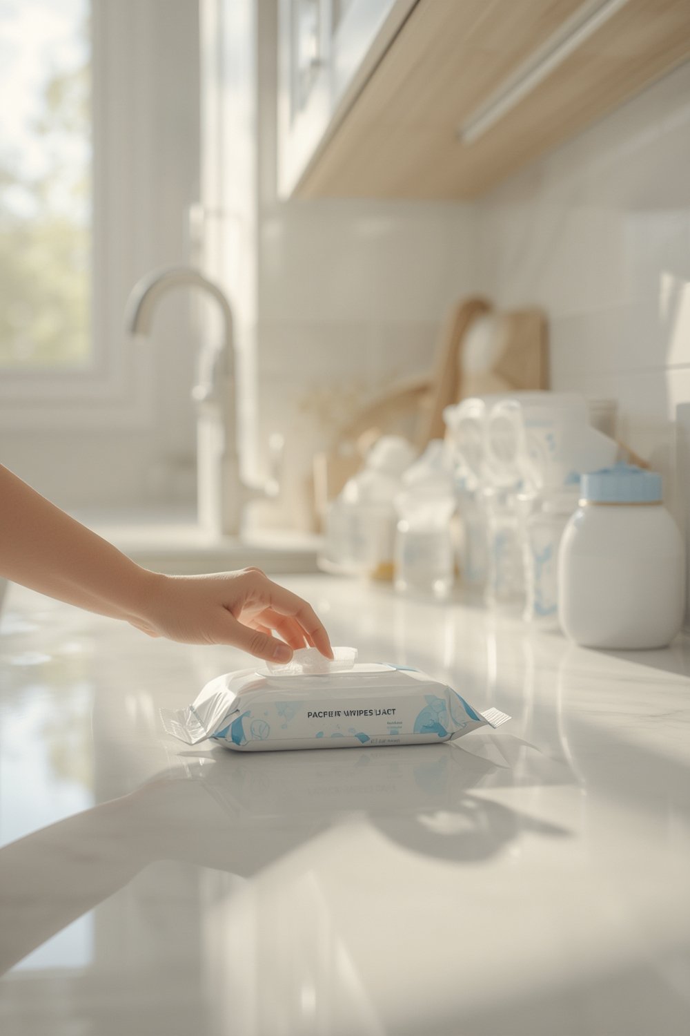 pacifier wipes being used on baby bottle