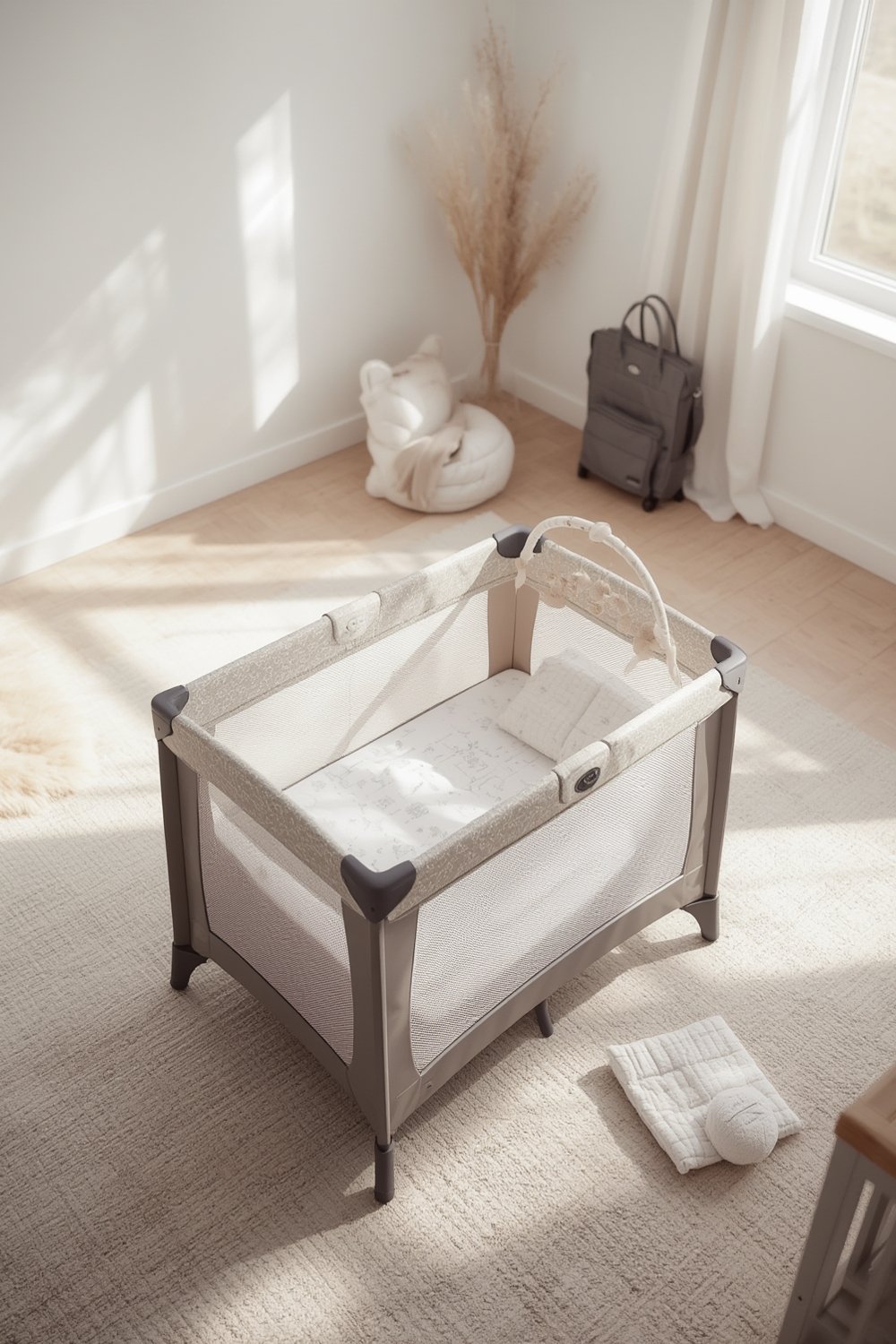 playard bassinet set up in modern nursery, infant sleeping comfortably
