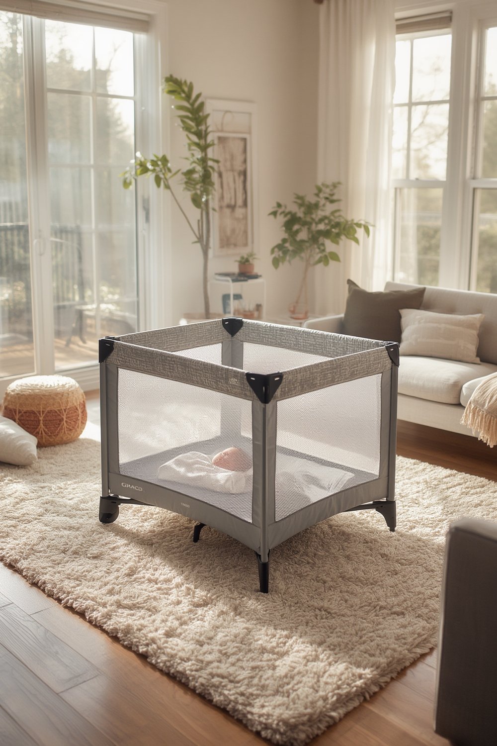 playard crib in nursery with storage pouch and bassinet functionality