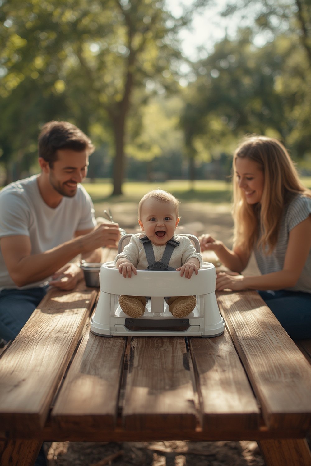 portable booster in use as travel highchair for toddlers