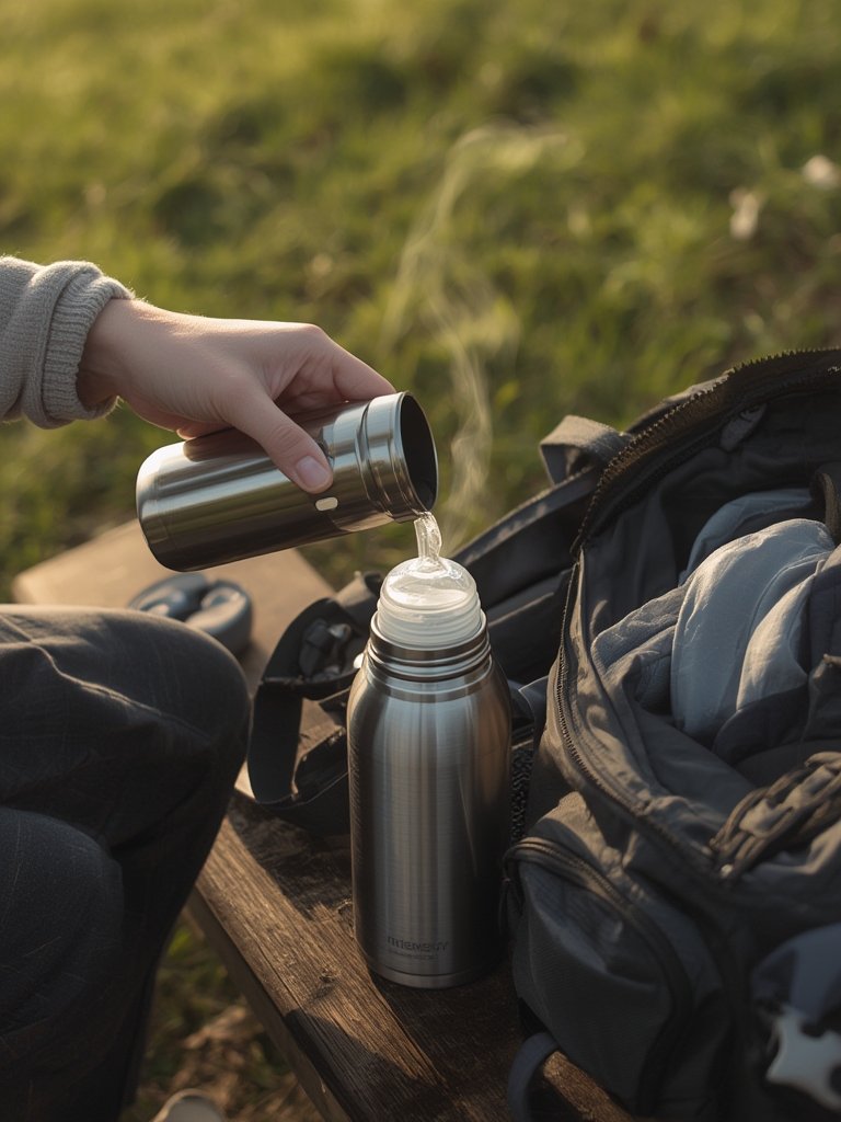 portable bottle warmer BPA-free flask beside stroller