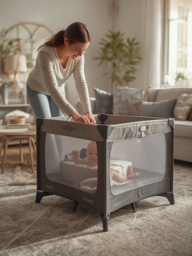 portable playard set up for easy travel with folding wheels