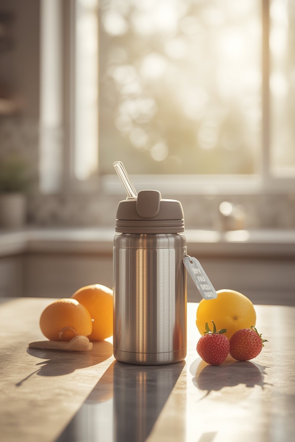 stainless sippy cup with double wall insulation on kitchen table