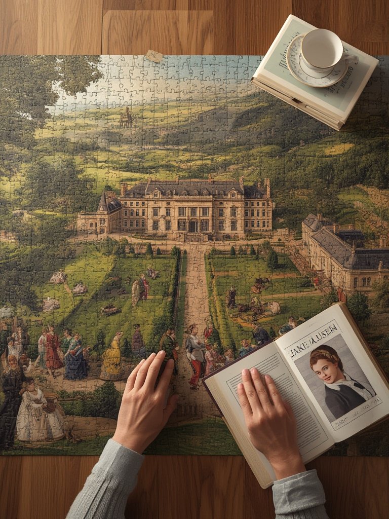 Jane Austen themed puzzle with Bath skyline
