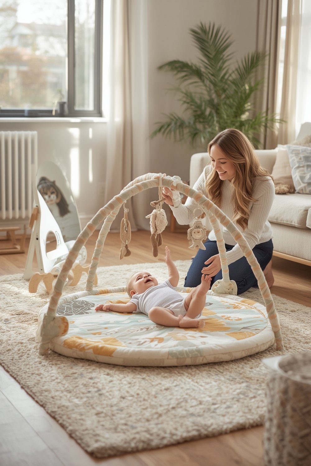 baby gym by Baby Einstein on activity mat with sensory toys and piano