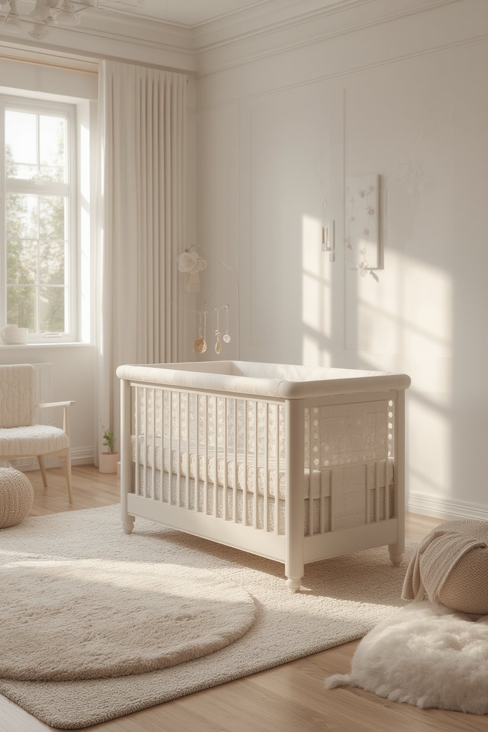 baby playard in a modern nursery, showing canopy and double-layer structure
