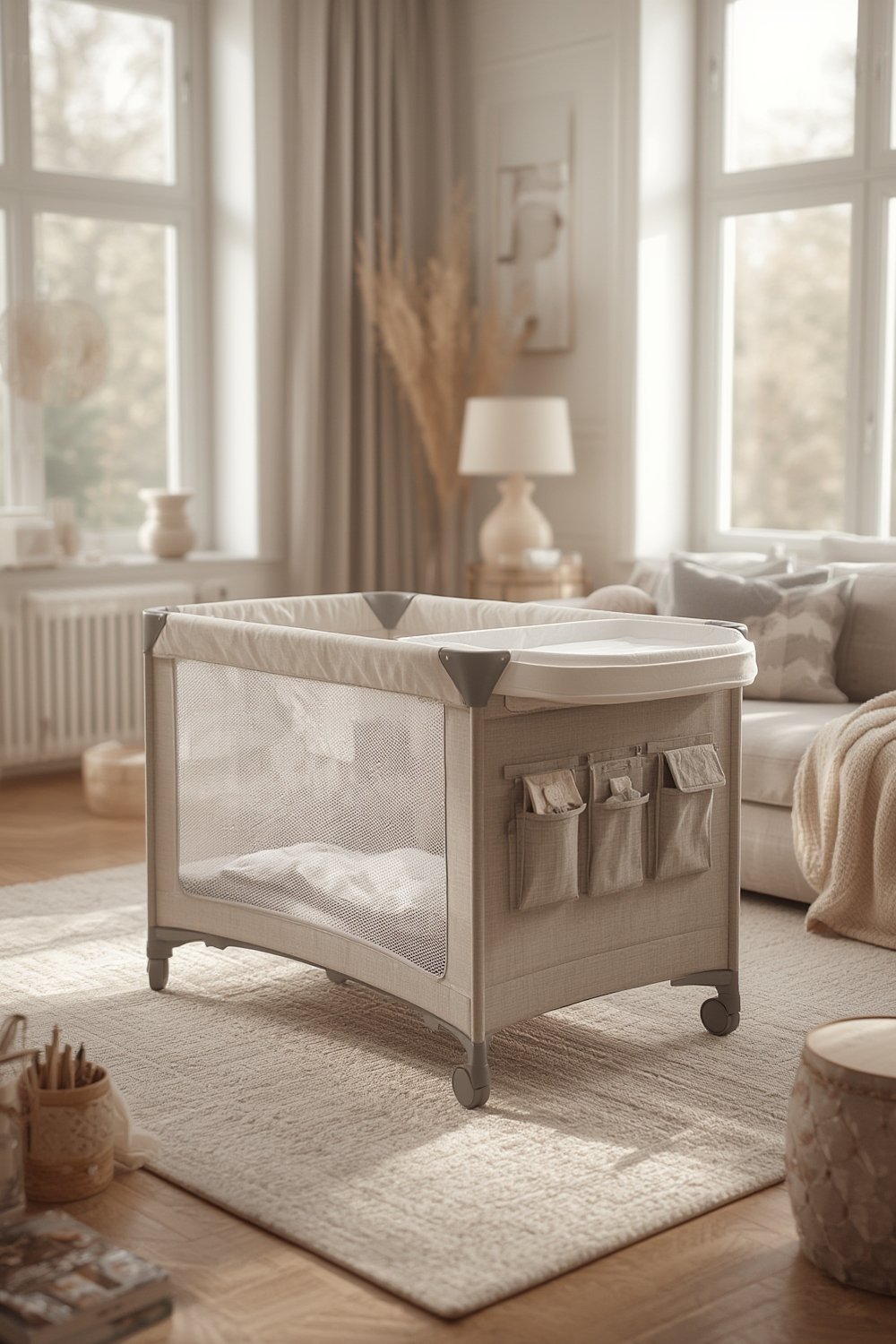 baby playard used as toddler bed within foldable nursery center