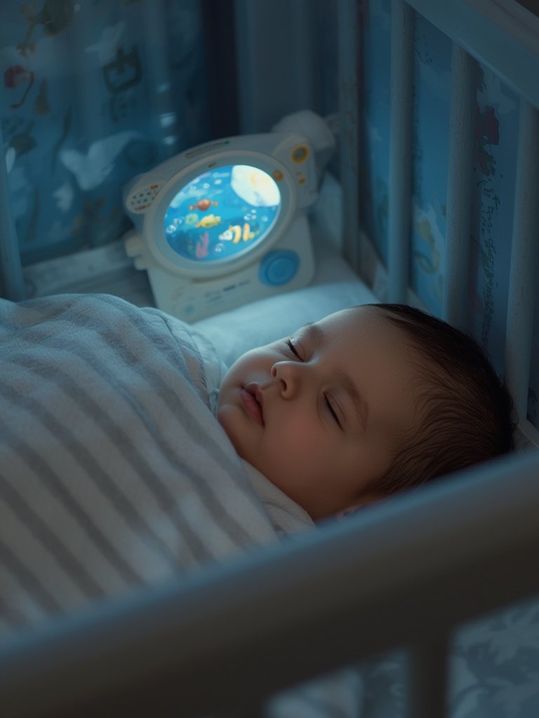 baby sound machine setup next to crib and night light