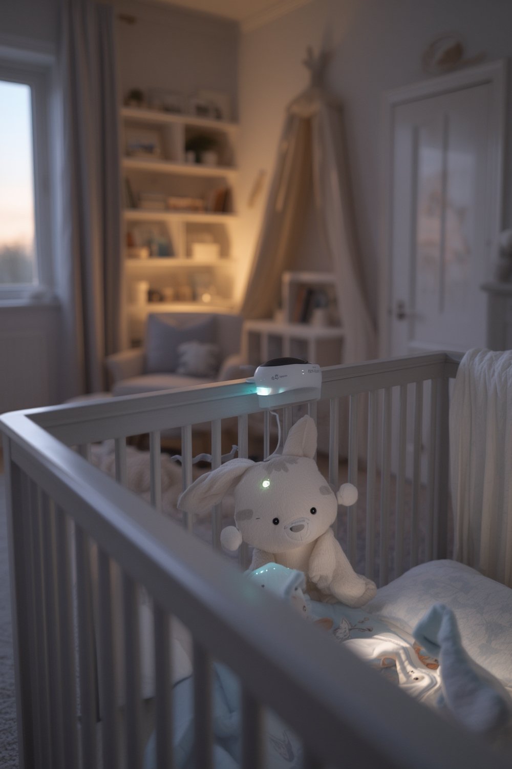 crib soother being attached to a crib rail