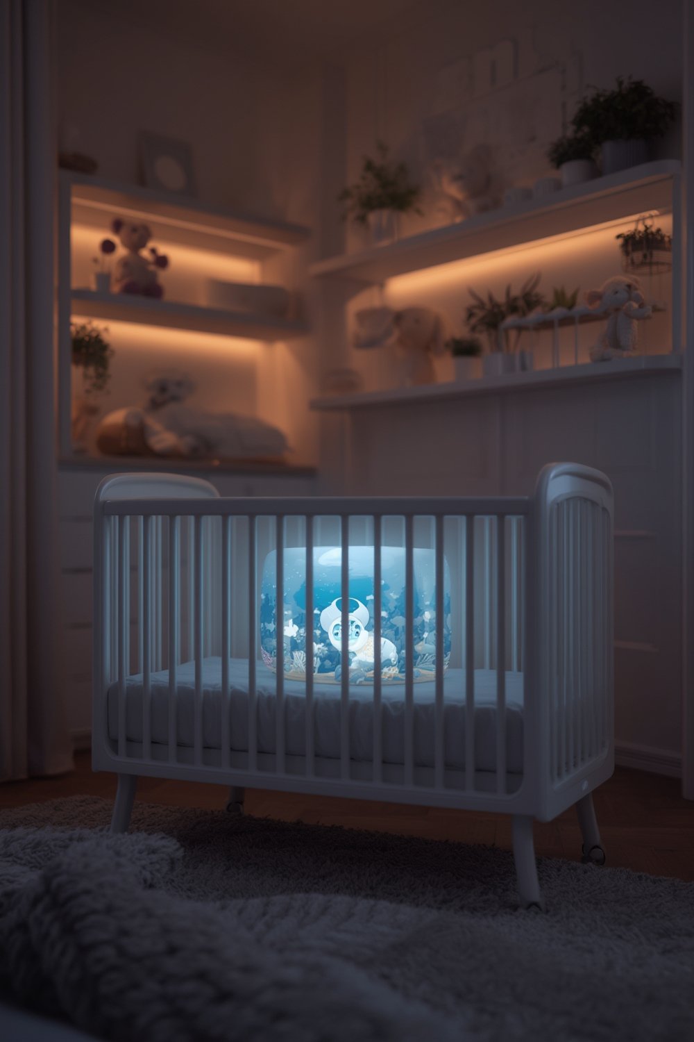crib soother installed on baby crib, showing lights and ocean animal characters