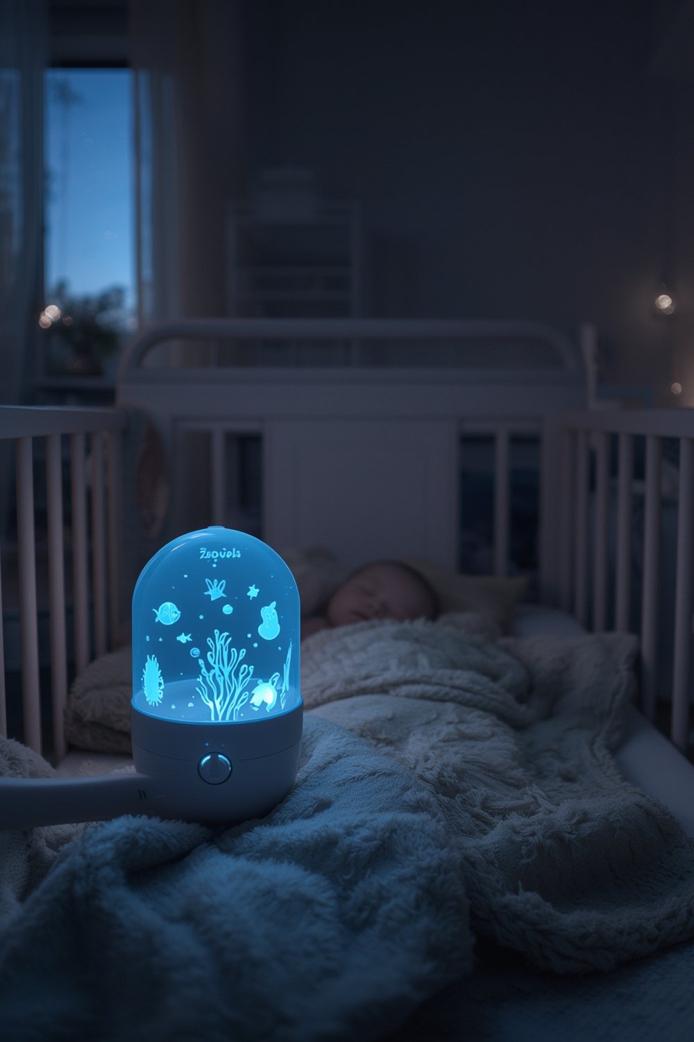 crib soother in crib with calming lights and ocean sounds