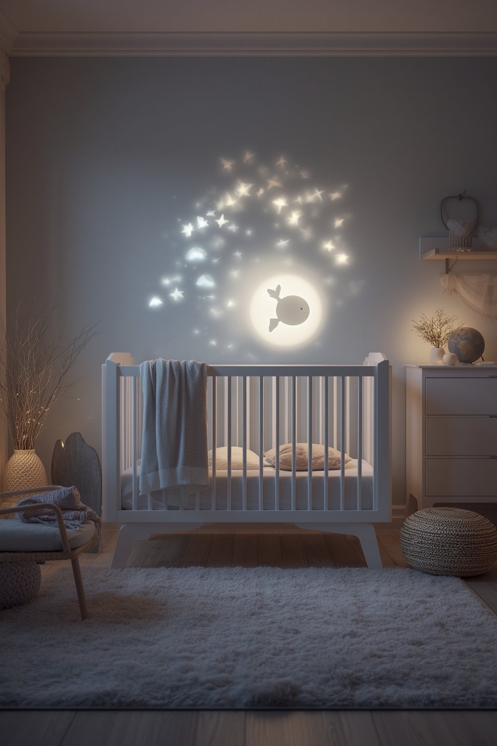 crib soother attached to baby crib with calming blue ocean lights and musical settings