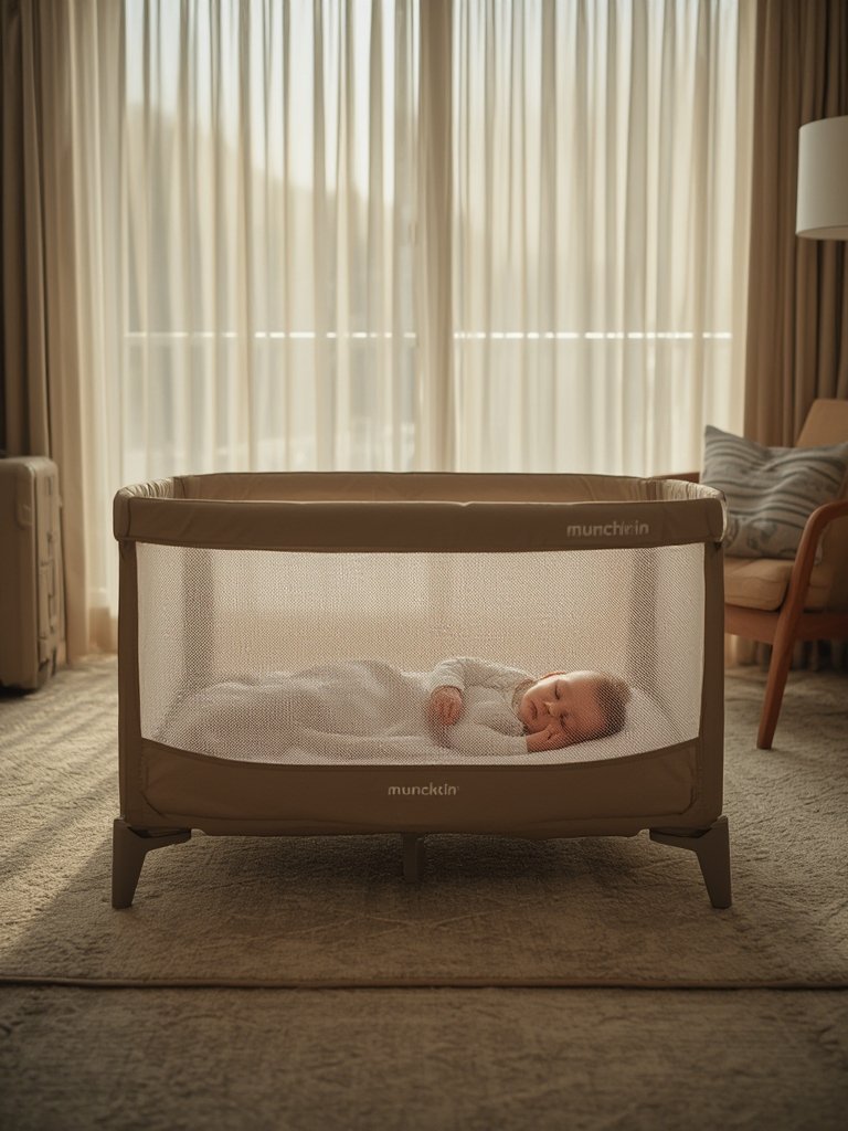 infant travel bed setup for nap time at hotel