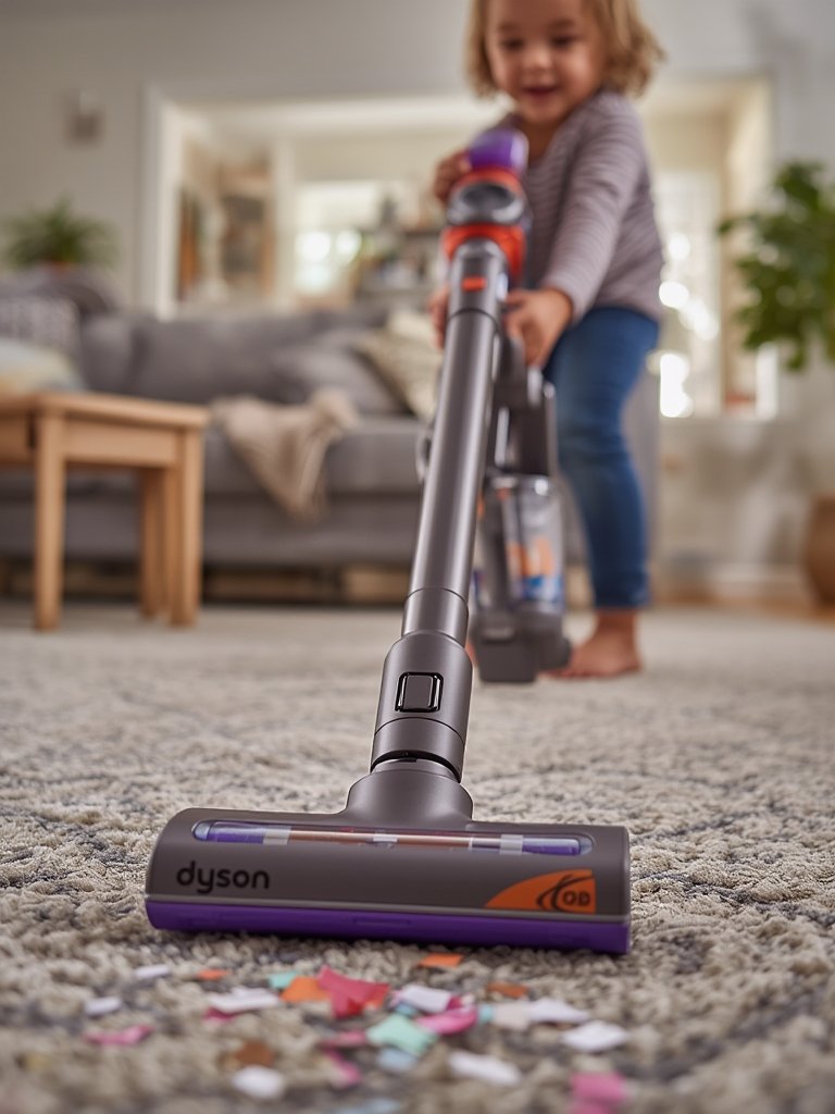 Kids using the Casdon Dyson toy vacuum for cleaning role play