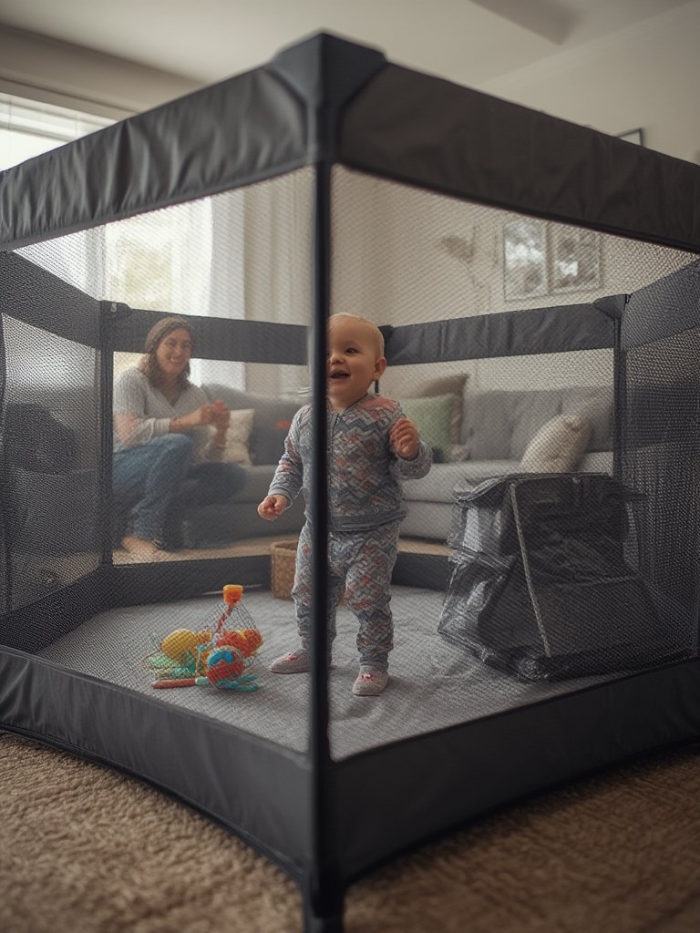 large playard Joovy Room2 set up in nursery living area