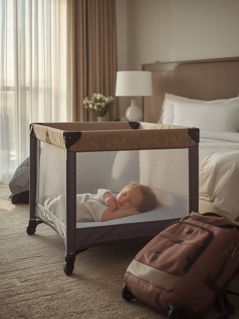 lightweight playard folded next to travel bag
