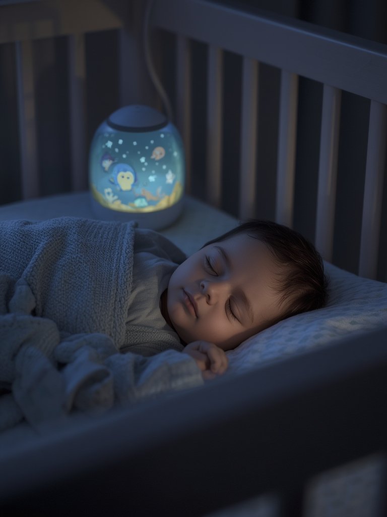 musical crib soother glowing in nursery