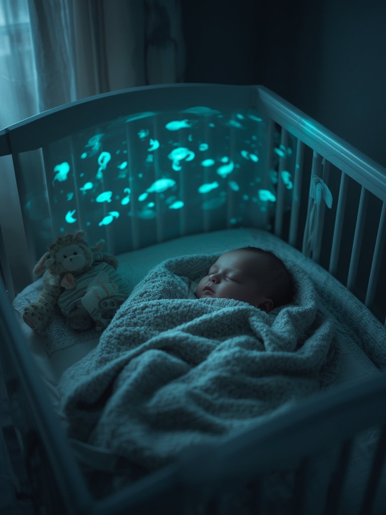 musical crib soother with ocean theme lights, showing remote control feature and animated sea creatures in action