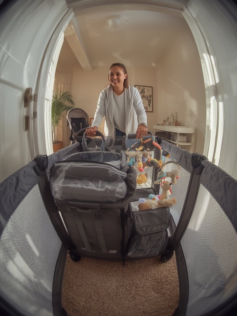 portable crib being folded and stored in travel bag