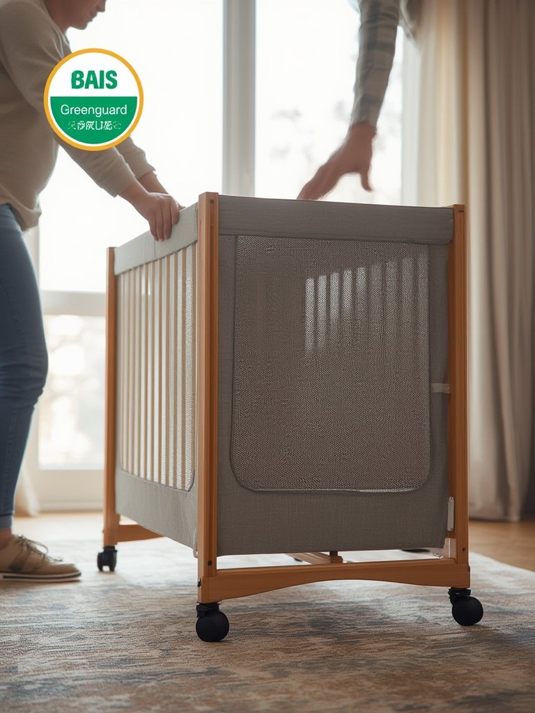 portable crib with wheels being moved through nursery