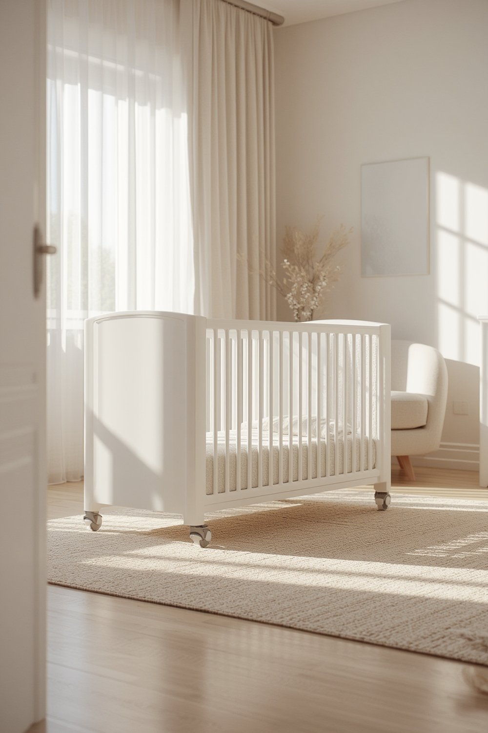 Portable Crib: 7 Ultimate Secrets For An Amazing Sleep Solution (2026) 1 portable crib in a grey nursery room with wheels and greenguard gold certification badges