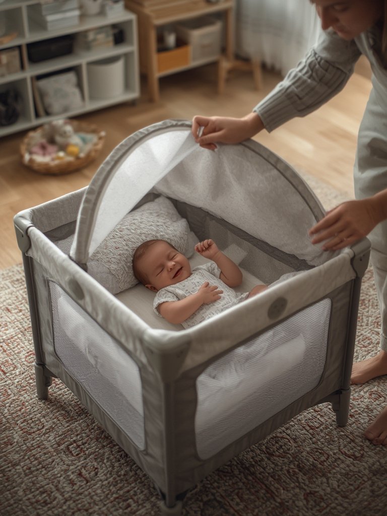 portable playard with canopy and wheels, easy-to-move nursery setup