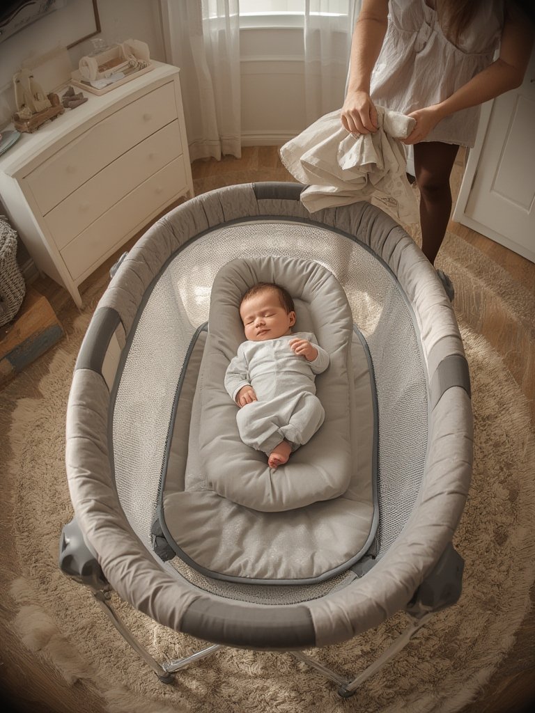 portable playard in travel mode with infant seat and changing table